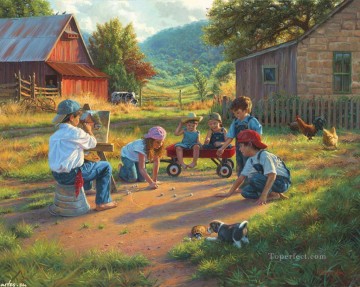playing kids at country house with puppy cow chicken pet kids Oil Paintings